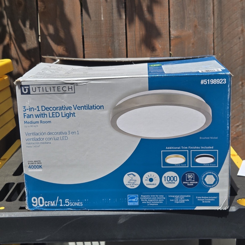 Utilitech 5198923 3 In 1 Decorative Ventilation Fan LED Light Brushed Nickel